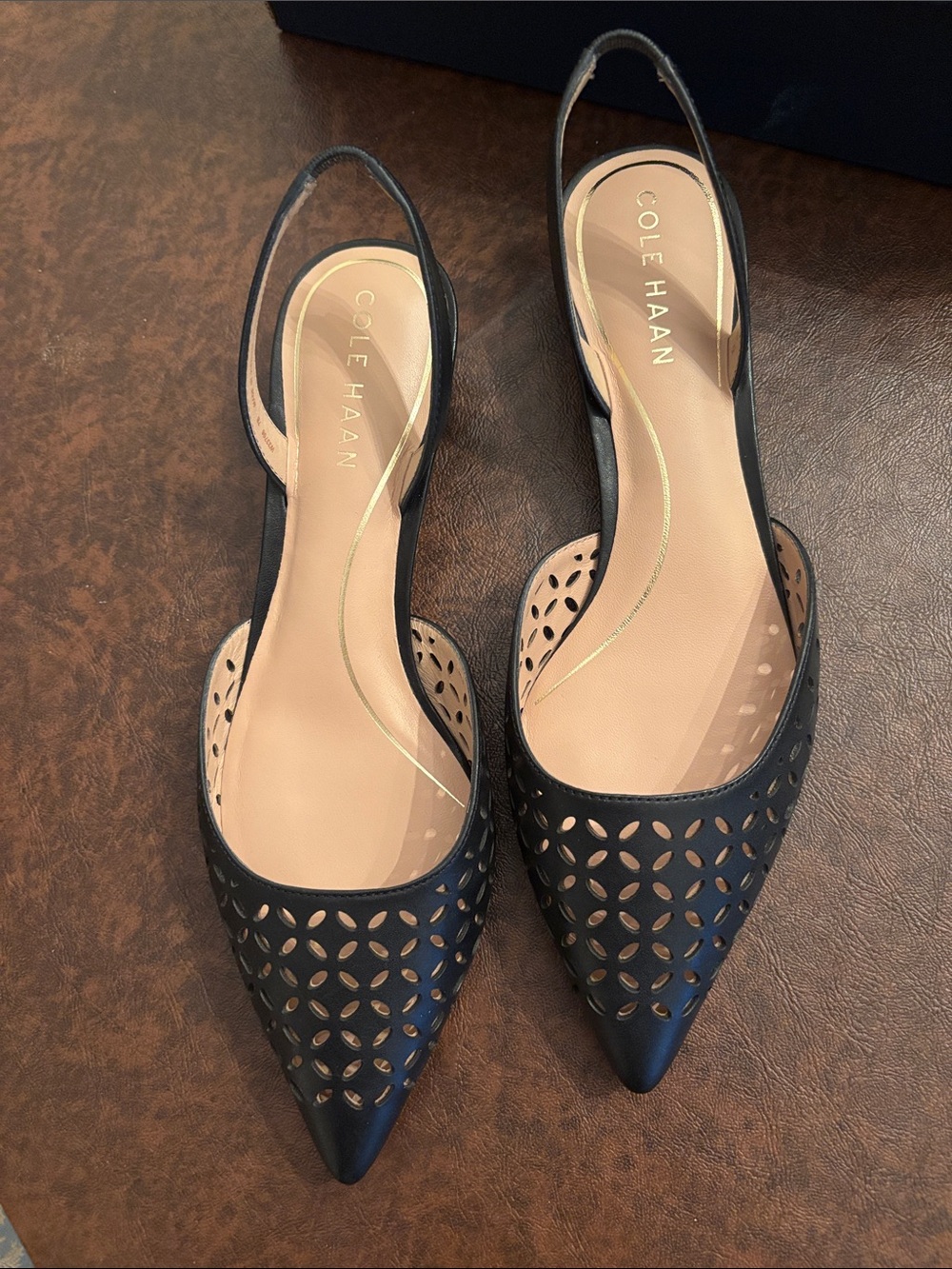 Cole Haan Black Laser-Cut Pointed Slingback Mules - Picture 2 of 5